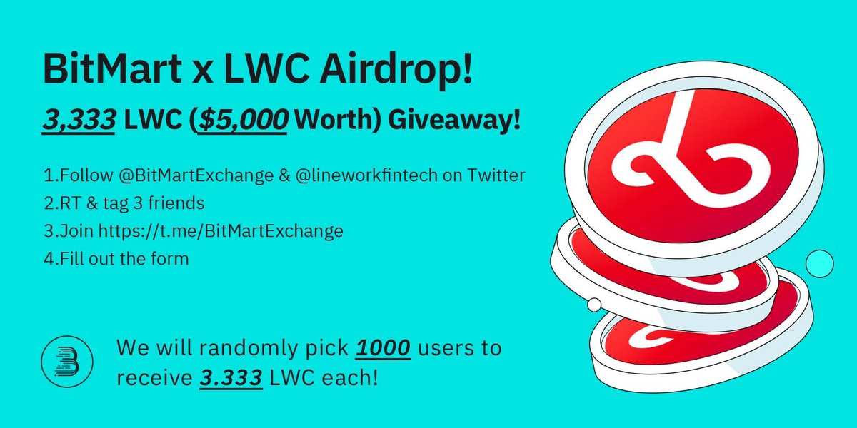 🔥To celebrate <a href="/lineworkfintech/">Linework</a> $LWC listing on Oct 7, we'll give away 3,333 LWC to 1000 winners!
 
1⃣Follow <a href="/BitMartExchange/">BitMart</a> &amp; <a href="/lineworkfintech/">Linework</a>
2⃣Join t.me/BitMartExchange &amp; t.me/LineworkCommun… 
3⃣RT &amp; tag 3frds 
4⃣Fill forms.gle/cErVLpgUNkchzy…

⏰Enter by 11 PM UTC 10/10