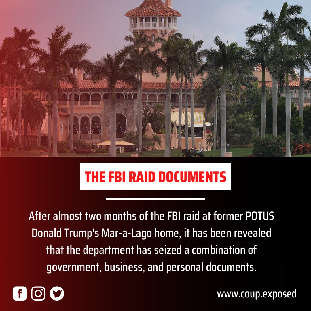 CoupStolen's tweet photo. It has been revealed that the FBI seized a combination of government, business, and personal documents, such as analysis about pardon requests and call notes marked with a presidential seal.

#COUP #CoupAmericaStolen #CoupStolen #DrakeAlexander #FBIraid #MarALago #DonaldTrump https://t.co/Hm3ZXdUeYe