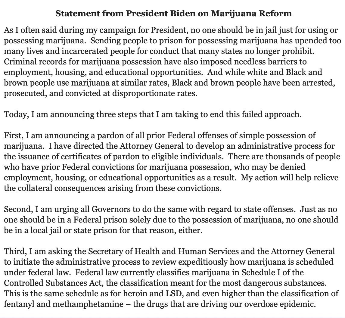 ashtonpittman's tweet photo. President Joe Biden just pardoned literally *EVERYONE* convicted of a federal marijuana possession crime and urged governors to do the same with state offenses.

This is a BFD. https://t.co/mMCm3yE1S5