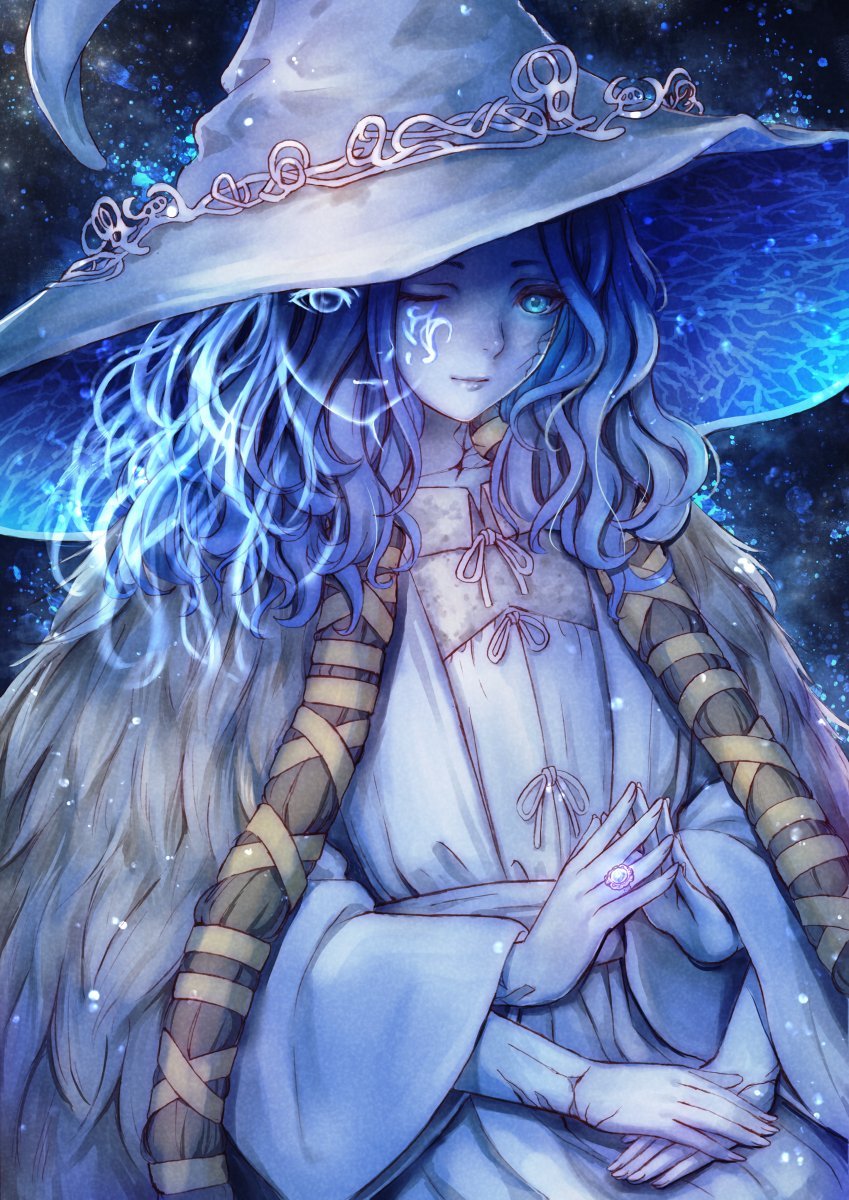 ranni the witch 1girl hat solo fur cloak witch hat extra arms blue skin  illustration images