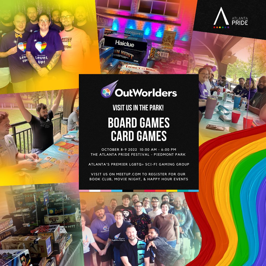 OutWorlders's tweet photo. Join us at The Atlanta Pride Festival this weekend in Piedmont Park! Link in bio for more details. 🏳️‍🌈🏳️‍⚧️💜

#OutWorlders #Game #BoardGames #VideoGames #MovieNight #GameNight #BookClub #Horror #SciFi #Geek #Nerd #ATL #Atlanta #atlgay #LGBTQIA #GameDay https://t.co/drLlbRrIHk