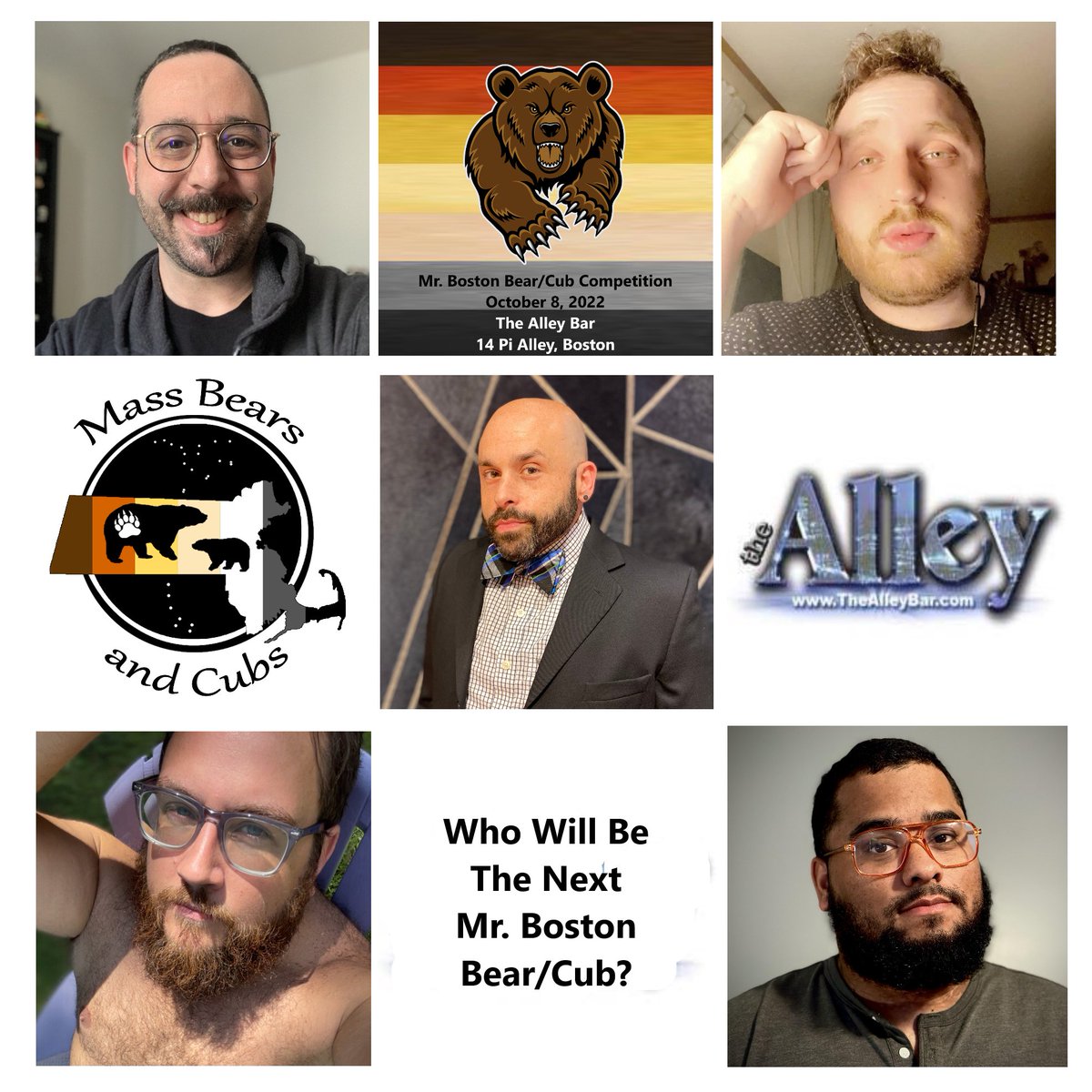 MassBearsandCub's tweet photo. Who will be the next Mr. Boston Bear/Cub? Join us Friday evening to meet our five contestants in an informal setting during our Meet &amp; Greet event at the @AlleyBarBoston  #MBCCommunity #mrbostonbear #mrbostoncub #2023bostonbearcubcompetition #gayboston #gaybostonafterdark https://t.co/JqF7er6gtG