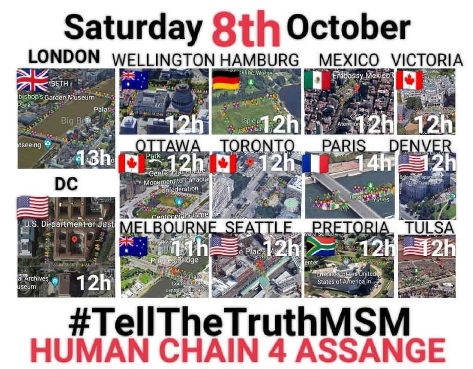 FrancaisUnity4's tweet photo. 🤝 #TellTheTruthMSM 🤝 Human Chain 4 Assange 🤝
- Un peu partout sur le globe.
‼️📢 "Battons le rappel pour le 8 octobre à Paris 🇫🇷 ! https://t.co/lRLOP8f0zd