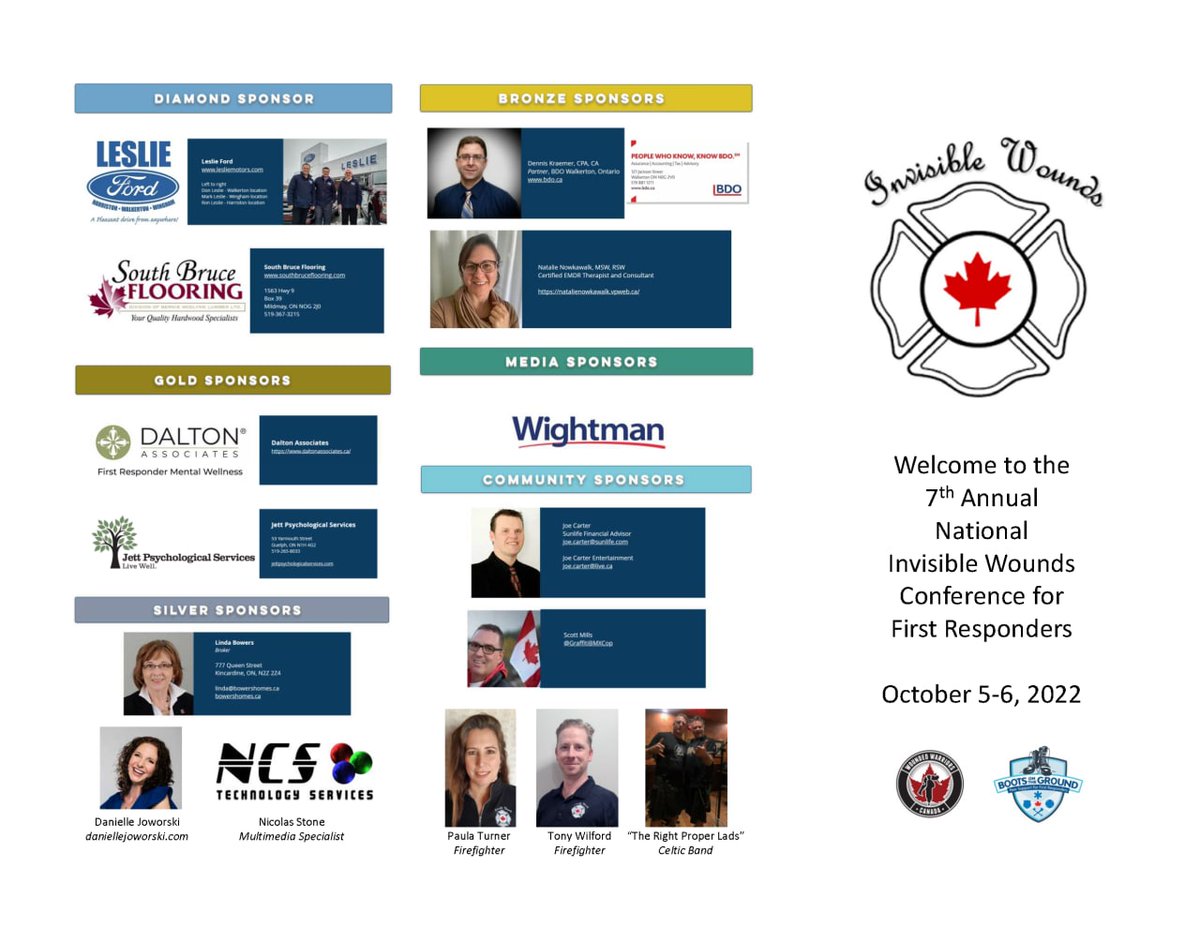Events4Wellness's tweet photo. Thank you sponsors for helping us facilitate a productive dialogue for the wellness of our First Responders. We had 90 mental health stakeholders at Invisible Wounds 7th Annual National Conference For First Responders Oct 5 & 6, 2022 in Niagara-On-The-Lake. #Events4Wellness #MIAW https://t.co/4Fu8aotidL