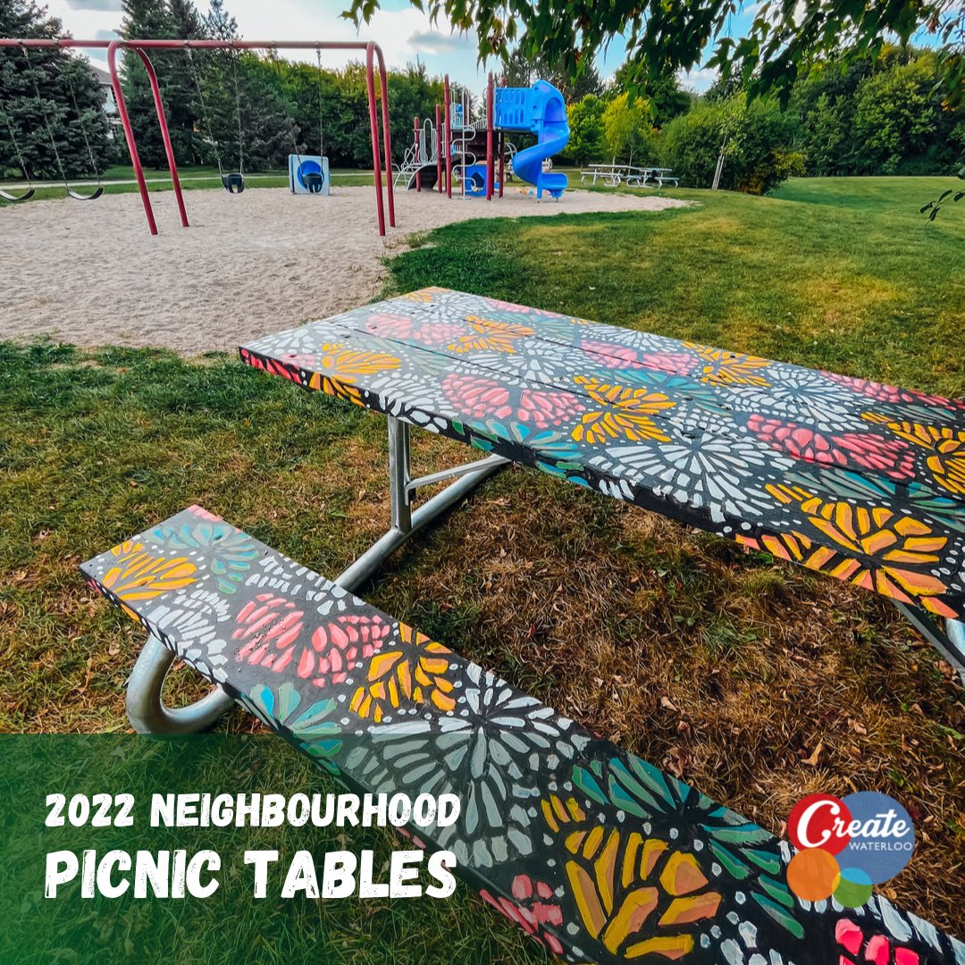 CreateWaterloo's tweet photo. Create Waterloo is excited to present the 2022 Neighbourhood Picnic Tables.🧺

Since 2021, a total of 30 picnic tables have been painted by local artists in 10 different neighbourhood parks.
⠀
Find them by visiting https://t.co/jStHNRB9Nx 🌟

#WaterlooPublicArt #CreateWaterloo https://t.co/z4puCE7XcK