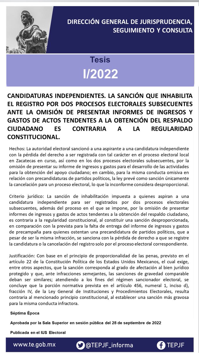 Tesis I/2022
Candidaturas independientes. La sanción que inhabilita el registro por 2 procesos electorales subsecuentes ante la omisión de presentar informes de ingresos y gastos de actos tendentes a la obtención del respaldo ciudadano es contraria a la regularidad constitucional