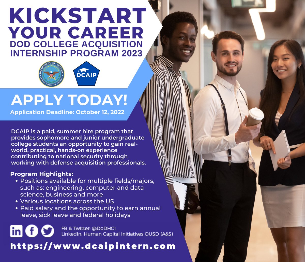 DoDHCI's tweet photo. *Please retweet and share this #opportunity.*

Attention college students! For the job you want, gain the experience you need with #DCAIP. Learn more and apply today! https://t.co/iJ2RgdXzCE 

#Summer2023 #SummerInternship #SummerPrograms #Undergrad https://t.co/VM9ZeW5NzK