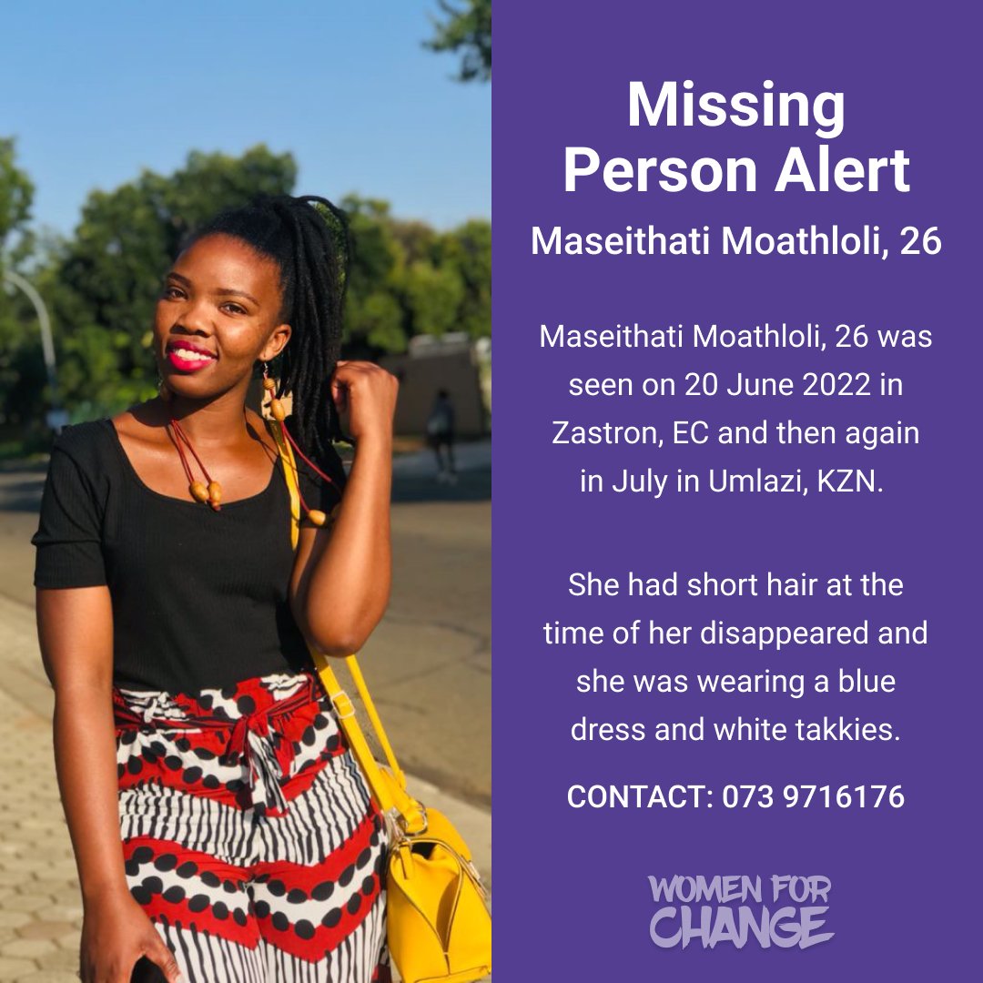 ❗ MISSING PERSON ALERT❗ 
Maseithati Moathloli was seen on 20 June 2022 in Zastron, EC and then again in July in Umlazi, KZN. She had short hair at the time of her disappeared and she was wearing a blue dress.

If you have any information please contact: 073 9716176
