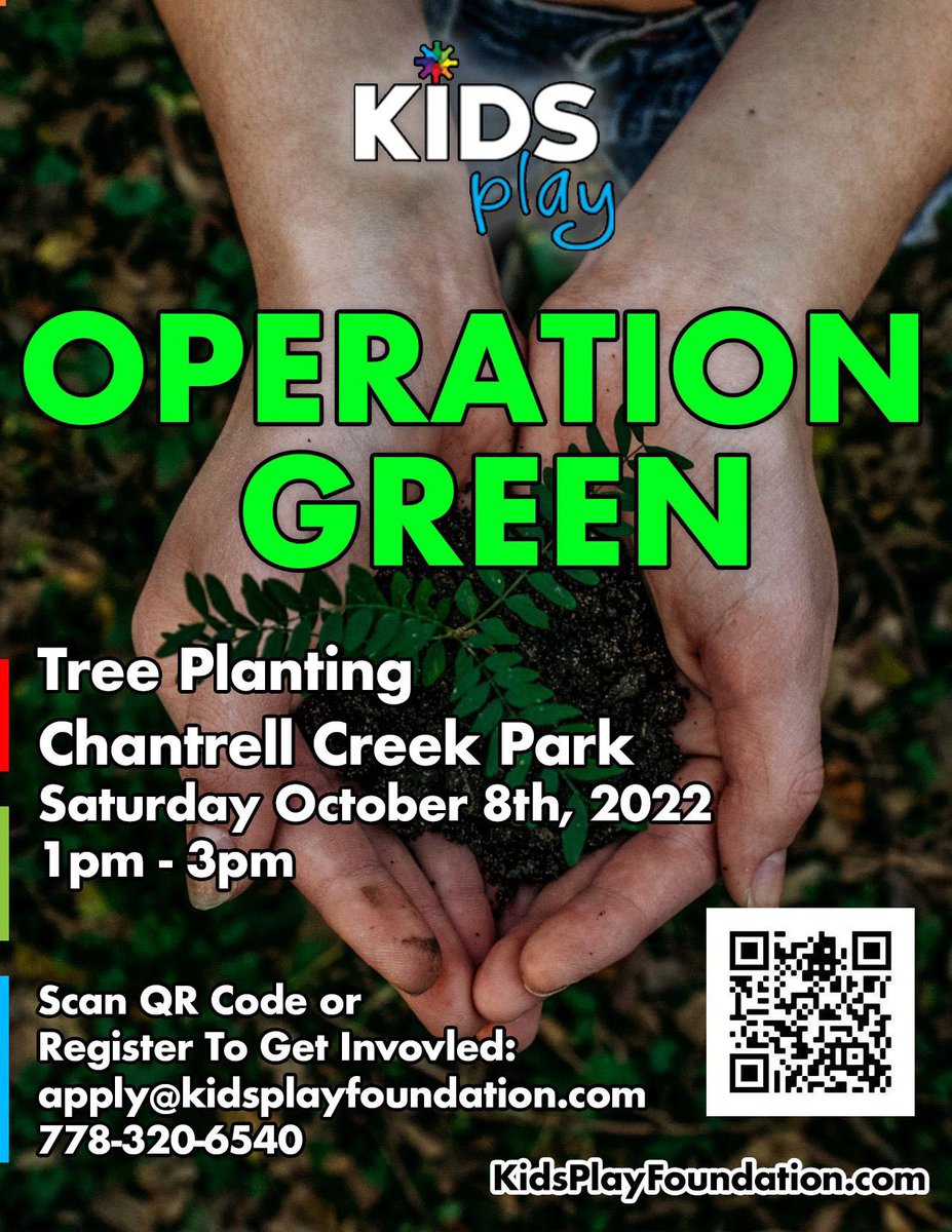 KidsPlayFounda1's tweet photo. We believe in teaching #youth about connecting with the #environment, and  #Sustainable practises. Keeping our communities healthy is a responsibility we all equally share. Join our #operationgreen team this Saturday and plant a tree. @CityofSurrey @Kal_Dosanjh #climate #trees https://t.co/wD9y1W11j0