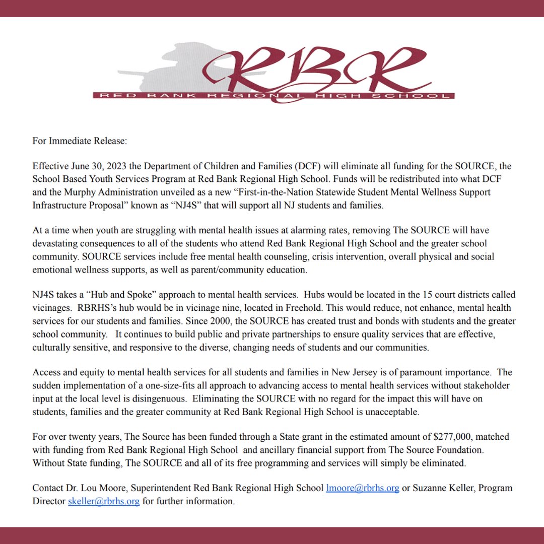 TheSourceRBRHS's tweet photo. Help us Save the Source.  @NJDCF @GovMurphy want to eliminate the Source and SBYSP on 6/30. A one size fits all impersonal approach to mental health will not work. @redbankgreen @TAPintoRedBank @nj1015 @News12NJ @NBCNewYork @brian4NY @rbrhs https://t.co/kFXQyLe2PO