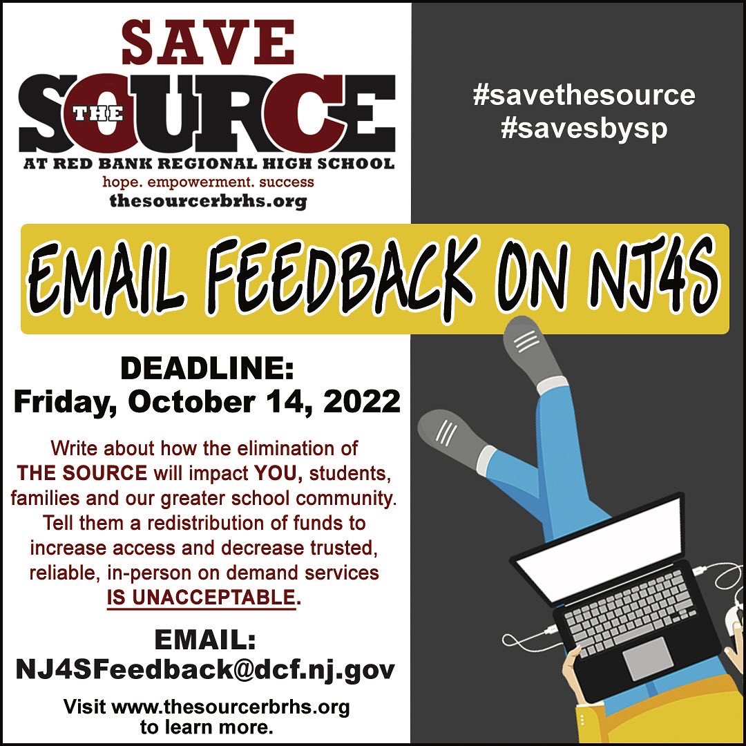 TheSourceRBRHS's tweet photo. Help us Save the Source.  @NJDCF @GovMurphy want to eliminate the Source and SBYSP on 6/30. A one size fits all impersonal approach to mental health will not work. @redbankgreen @TAPintoRedBank @nj1015 @News12NJ @NBCNewYork @brian4NY @rbrhs https://t.co/kFXQyLe2PO