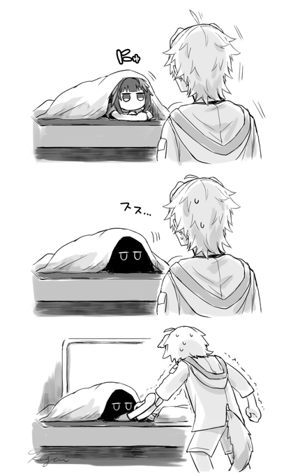 仕事続きで中々寝ようとしないお兄ちゃんを布団に引きずり込む🐦 