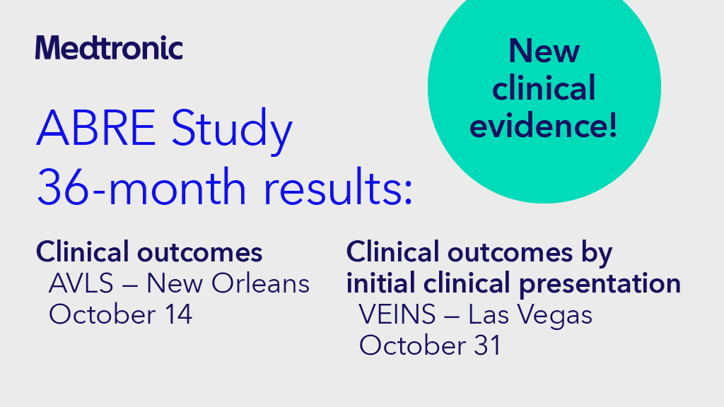 Medtronic Vascular Health (@mdtvascular) on Twitter photo ABRE study 36-month outcomes for release soon from <a href="/UkVenous/">Stephen Black</a>! Clinical evidence: 10/14 at <a href="/myAVLS/">AVLS</a> . Clinical evidence by initial clinical presentation: 10/31 at <a href="/TheVEINSatVIVA/">The VEINS Meeting</a>. Sign up to receive the data --> bit.ly/3fDmeby ABRE study 36-month outcomes for release soon from <a href="/UkVenous/">Stephen Black</a>! Clinical evidence: 10/14 at <a href="/myAVLS/">AVLS</a> . Clinical evidence by initial clinical presentation: 10/31 at <a href="/TheVEINSatVIVA/">The VEINS Meeting</a>. Sign up to receive the data --> bit.ly/3fDmeby