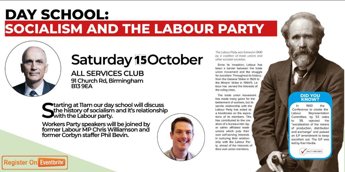 Get yourselves along to Moseley, Brum Saturday 15 October for this Socialism and Labour Party event, featuring eminent ex Labour MP Chris Williamson .<a href="/DerbyChrisW/">Chris Williamson</a> and former Jeremy Corbyn staffer Phil Bevin. 

All welcome. 

Tickets available here 👇

 eventbrite.co.uk/e/day-school-s…