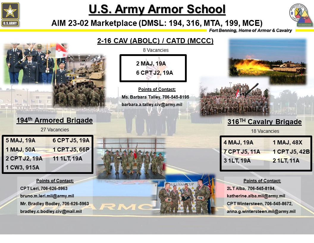 If you are in the 23-02 AIM Marketplace, consider an assignment here at Fort Benning, the Home of Armor and Cavalry!