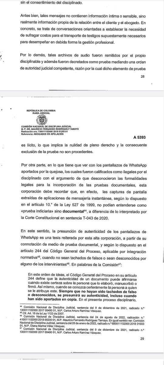 divulgajuridica's tweet photo. Prominente providencia del magistrado @maurodriguezt en el que se explica la diferencia entre prueba ilícita e ilegal en mensaje de datos (nota de voz, pantallazos, etc) en el derecho disciplinario judicial. https://t.co/g6Aq1QsfNJ