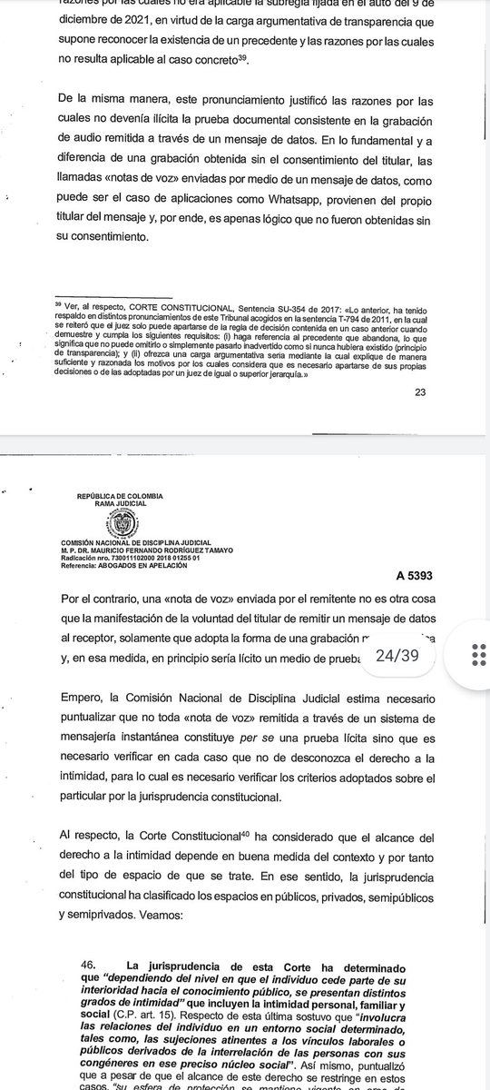 divulgajuridica's tweet photo. Prominente providencia del magistrado @maurodriguezt en el que se explica la diferencia entre prueba ilícita e ilegal en mensaje de datos (nota de voz, pantallazos, etc) en el derecho disciplinario judicial. https://t.co/g6Aq1QsfNJ
