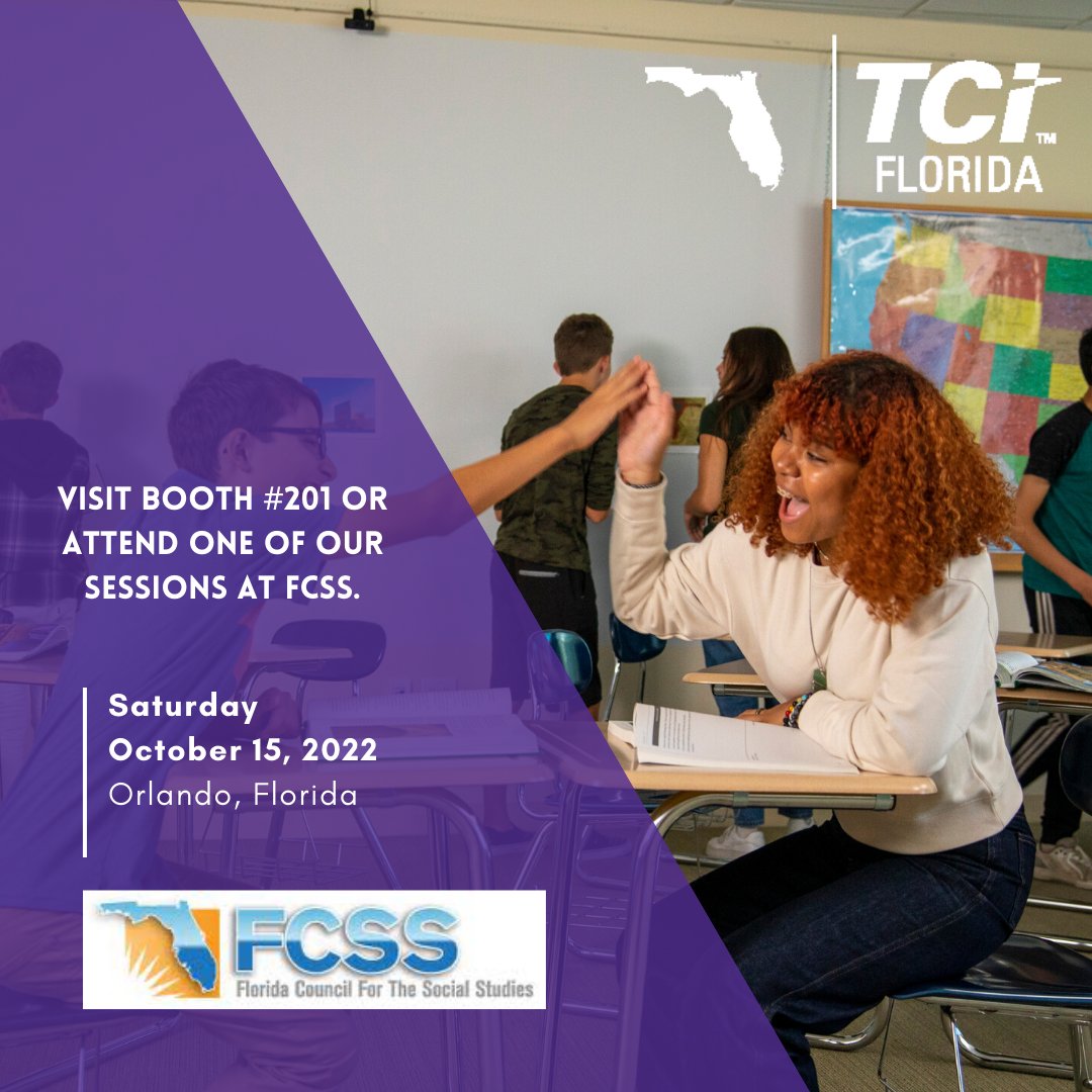 TeachTCI's tweet photo. ๐ฃ Calling all #Floridateachers! #FCSS22 is just around the corner. Stop by booth#201 to see how our social studies curriculum Brings Learning Alive! โจ @FLCSSNetwork https://t.co/Libr0ikb7H