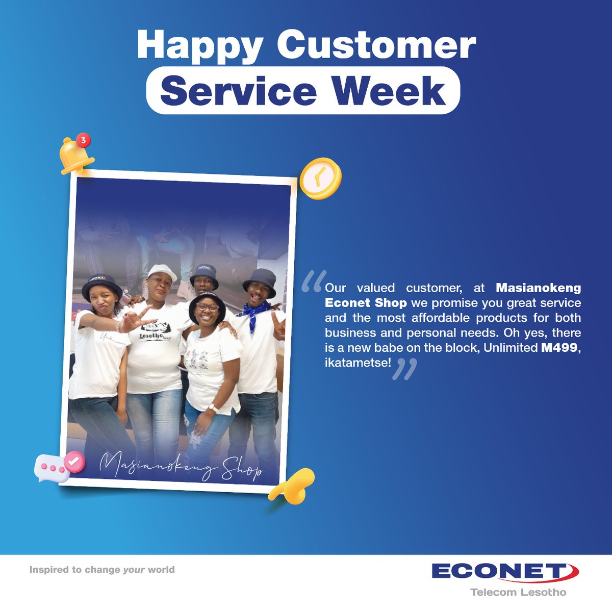 econetlesotho's tweet photo. This week, we are celebrating Customer Service by performing exceptionally while delivering great value and excellent customer service. Appreciate you our dear customers for CHOOSING and TRUSTING us to be your lifestyle provider. 

#LesothosBestDataNetwork
#HappyCustomerService https://t.co/M9QEsYdjxz