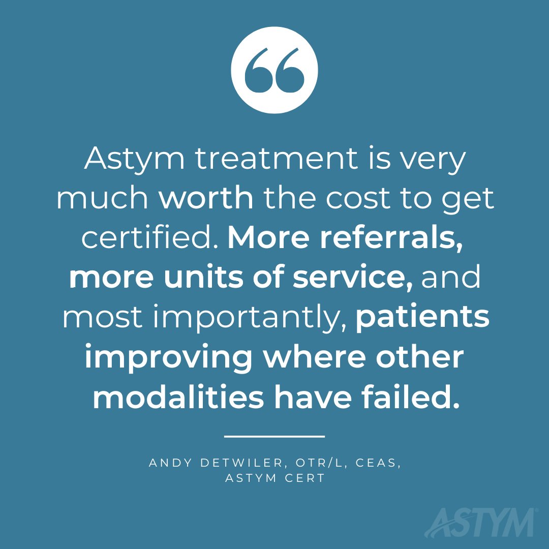 astym's tweet photo. "Astym treatment is very much worth the cost to get certified. More referrals, more units of service, and most importantly, patients are improving where other modalities have failed." -Andy Detwiler, OTR/L, CEAS, #Astym Cert

#pt #physicaltherapy #rehabilitation https://t.co/nDBVOdDzk9