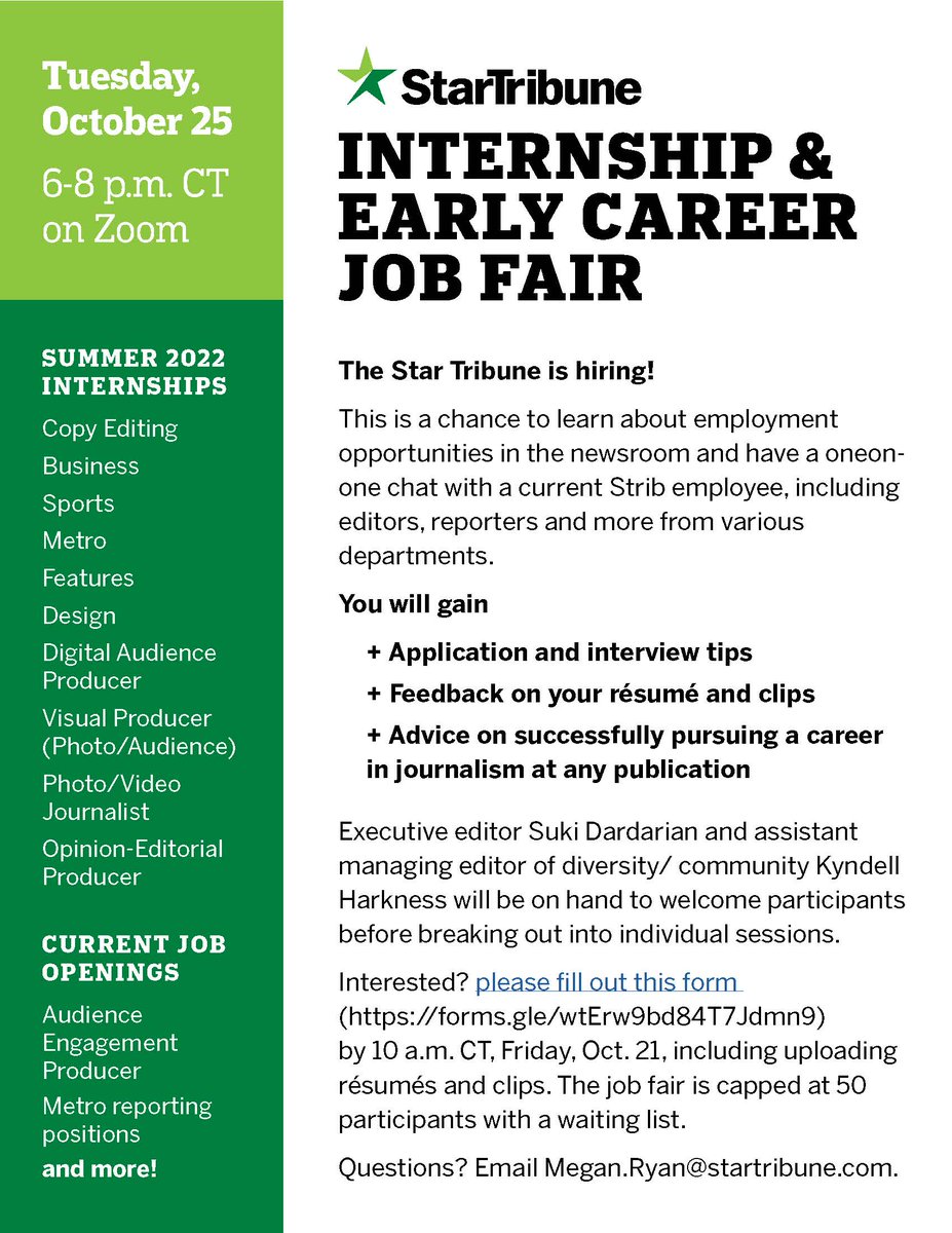 MaryJoWebster's tweet photo. Heads-up to my friends who teach journalism or are currently students. Please share this info about @Startribune internship &amp; early career job fair later this month https://t.co/FTDv6JNeJw