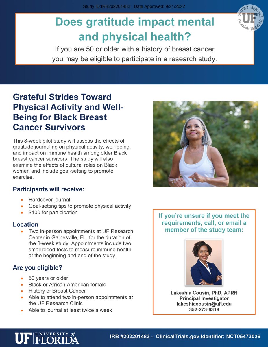 R2GMaP's tweet photo. Black women 50+ years with a history of breast cancer can help advance science on the effects of gratitude on physical activity, immune health, and well-being. The study is 8 weeks long and includes two in-person visits to UF Campus. Compensation is provided. https://t.co/li1eEiuihx