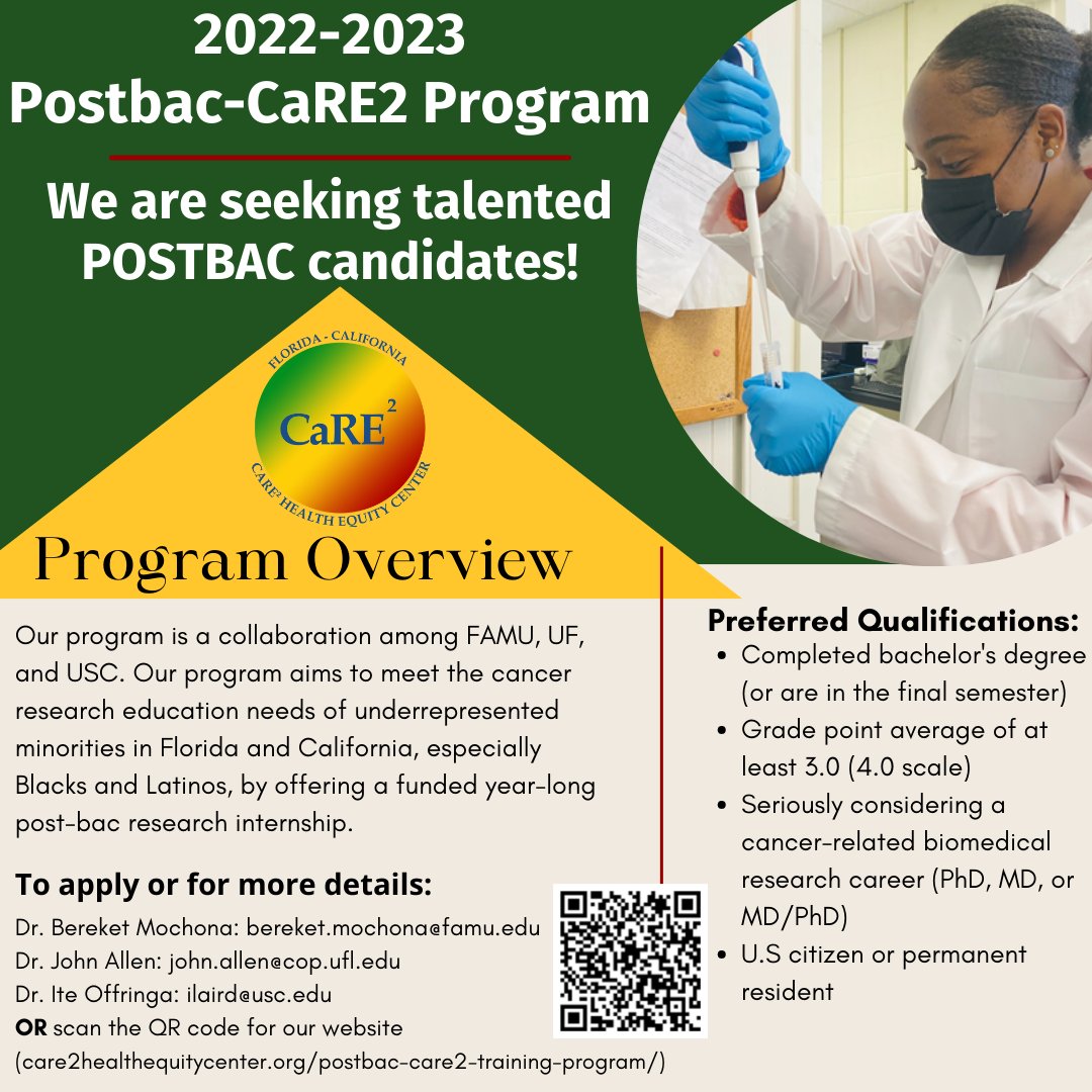 R2GMaP's tweet photo. The CaRE2 Health Equity Center is looking for a postbac position to be filled at Florida A&amp;M University!! If you or someone you know is interested, please review the flyer below. For more information, you can scan the QR code or visit the website at https://t.co/lBYE32EEj6 https://t.co/dAPJwhKqSO
