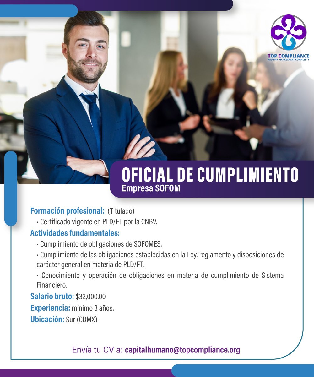 _TopCompliance's tweet photo. 🟣¡Te estamos buscando!
Consulta nuestra bolsa de trabajo y forma parte de este gran equipo laboral. 

🟣Vacante: Oficial de cumplimiento. 
Empresa: SOFOM.

🟣Envía tu CV a: capitalhumano@topcompliance.org https://t.co/u2cmBM3cZu