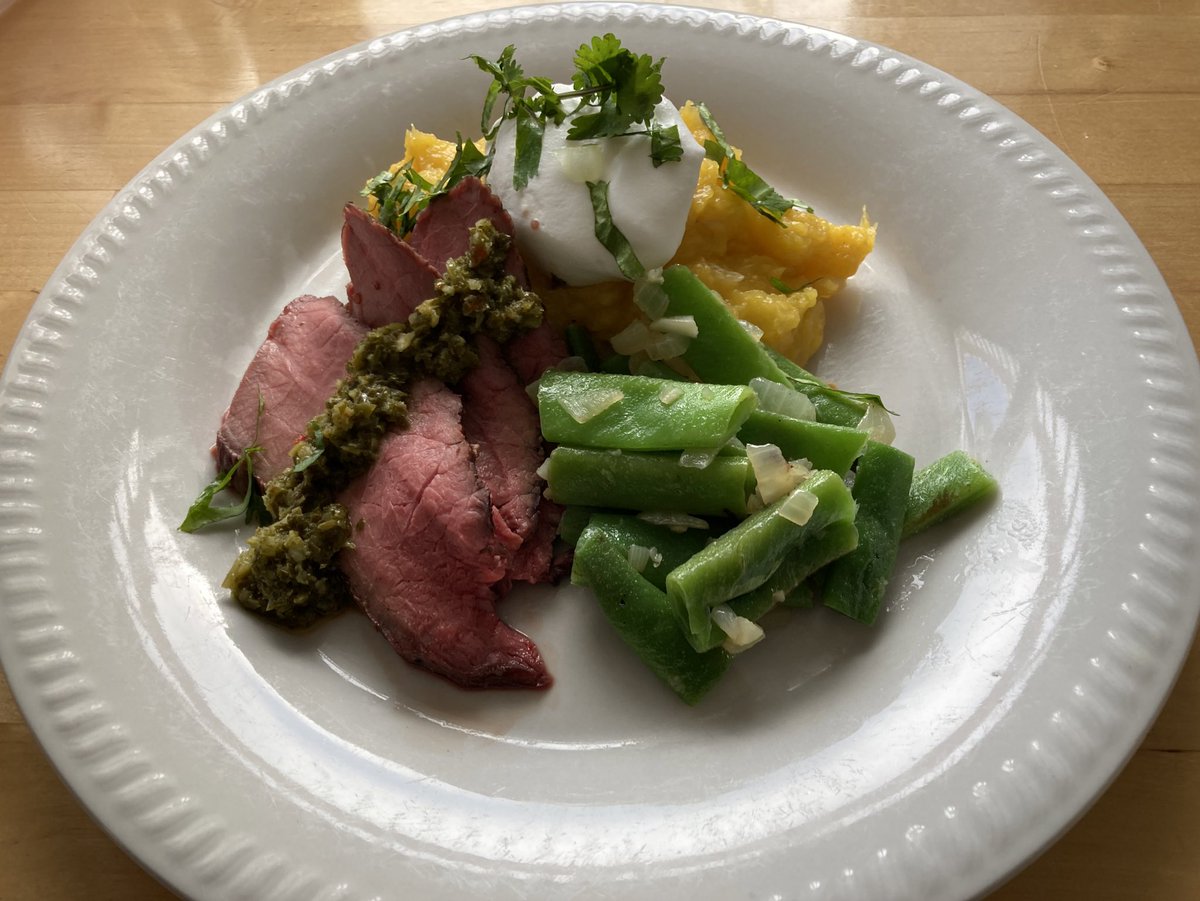 On the menu this evening we have <a href="/NFaganMeats/">N.Fagan Meats</a> beef roasted medium rare on the bbq, our “eat the weeds” chimichurri, puréed butternut squash with caramelized onion/garlic topped with homemade sour cream and cilantro, with a side of sautéed runner beans. Washed it down with Shiraz.