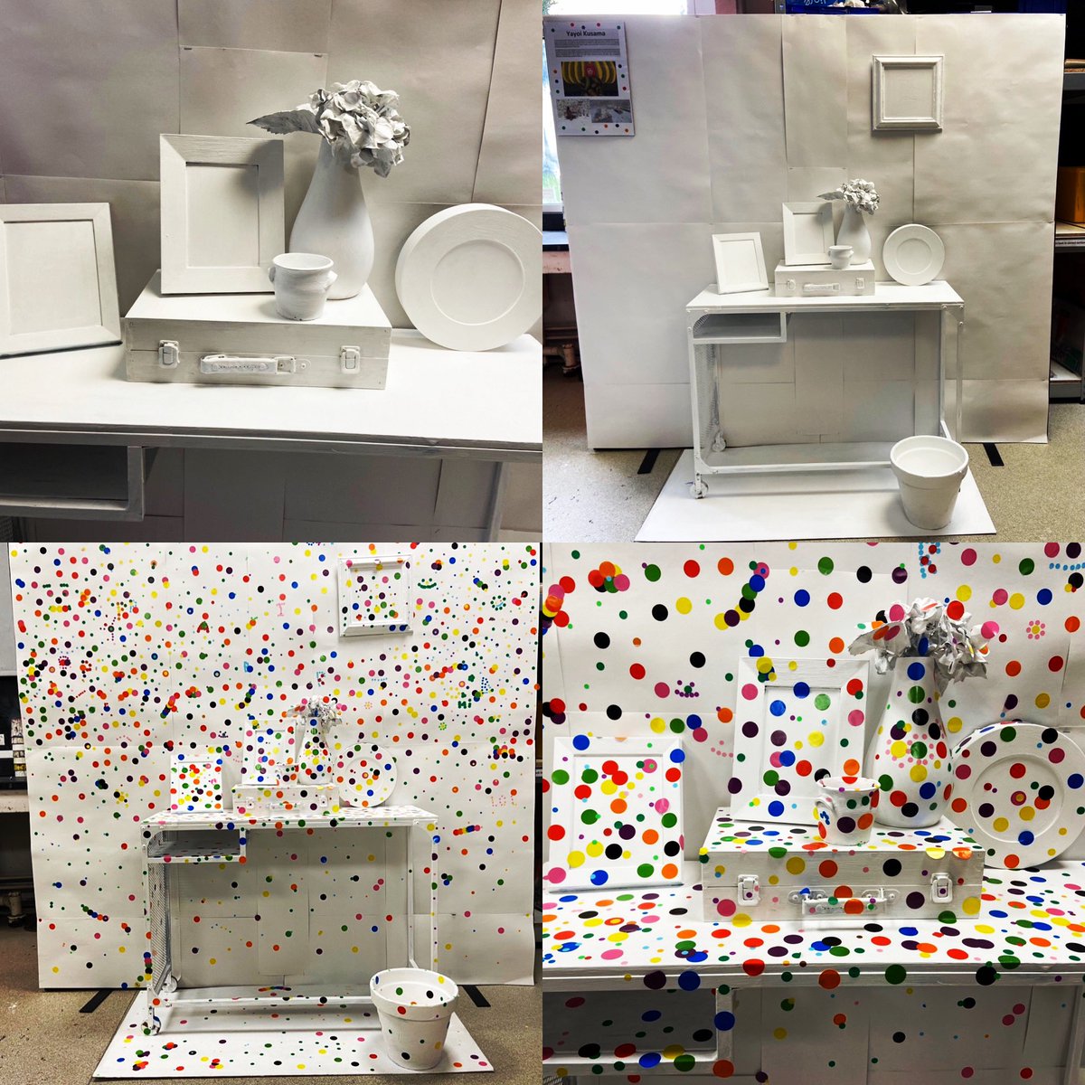 wokinghighart's tweet photo. Thank you to everybody that contributed to our successful open evening activity. 
Dotty installation inspired by Yayoi Kusama's Obliteration Room. 
#yayoikusama @WokingHigh https://t.co/cxgQtbzE5I