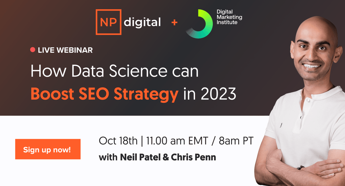 neilpatel's tweet photo. Learn how How Data Science can boost SEO strategy in 2023. In this free webinar hosted by @DMI I join @cspenn as we discuss how  you can make the most of your data and translate it to your SEO strategy in 2023. 

https://t.co/fh3qVk65dR https://t.co/2N7iqyAb5r