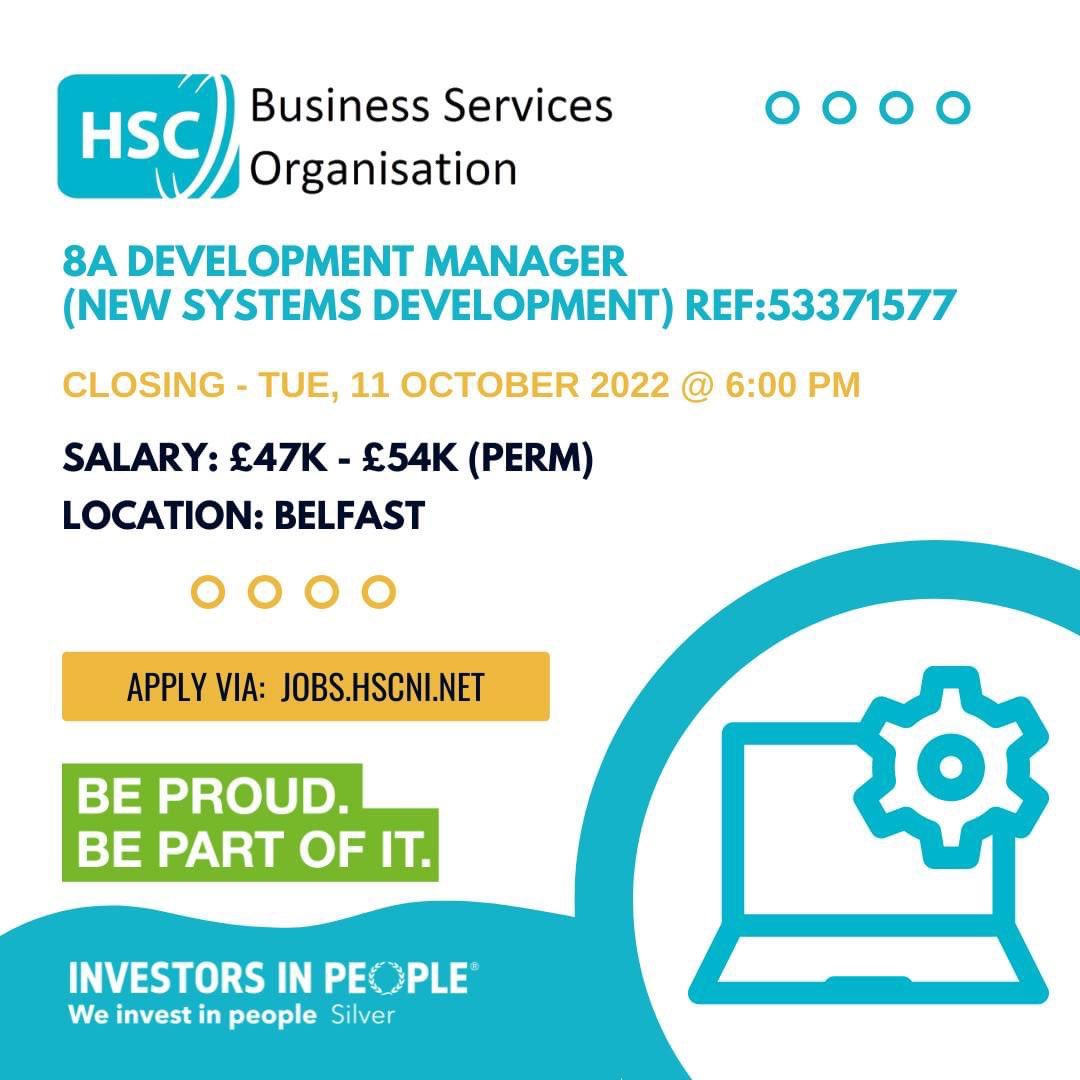 Closing Soon:  Tue, 11 October 2022 @ 6:00 PM

#BSO Band 8A Development Manager (New Systems Development)

To learn more and officially apply go to: jobs.hscni.net/Job/24329/bsod…

A waiting list may be compiled for any similar posts that arise over 
the next 12 months

#ITJOBS #BELFAST