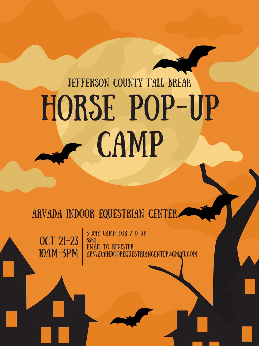 ArvadaEques's tweet photo. Halloween themed Horse Camp; see our school horses in costume along with other fun and spooky horse activities! To coincide with Jefferson County Fall Break, from October 21-23, 10am-3pm. Email us at arvadaindoorequestriancenter@gmail.com before spots fill up! #Halloween #arvada https://t.co/LIu8EHweIa