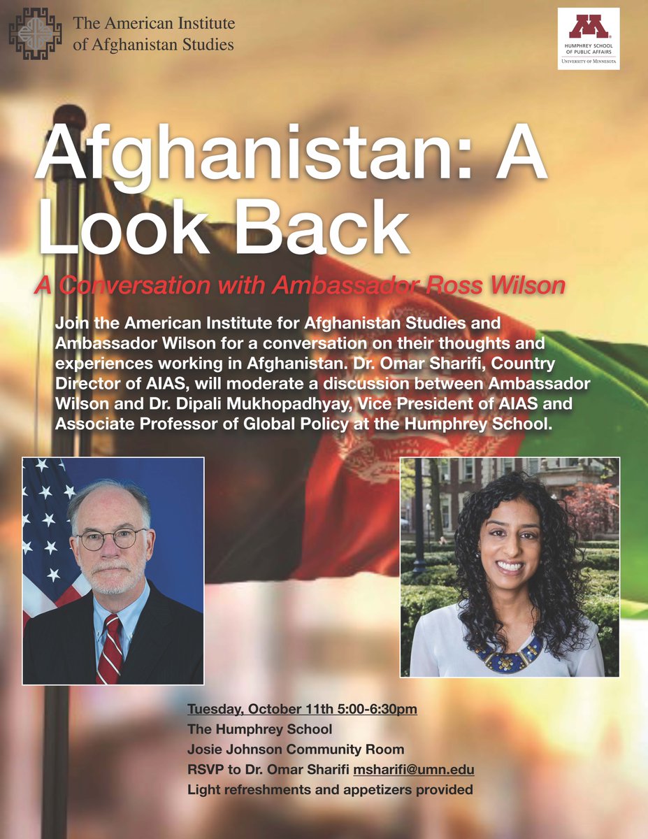 Pl join me, Omar Sharifi, & Ambassador Ross Wilson - the last senior US diplomat to serve in Kabul - for a conversation on America's war in Afghanistan. Tues Oct 11th 5.00pm @HHHSchool @AmerInstAfgStudies