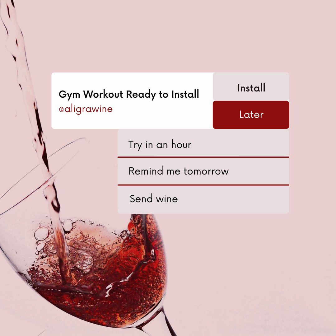 AligraWine's tweet photo. That work out can wait 😉

Come visit us to pick out the perfect wine to wrap up your Thursday! We are open until 9 tonight! https://t.co/CnB9DyqC6P