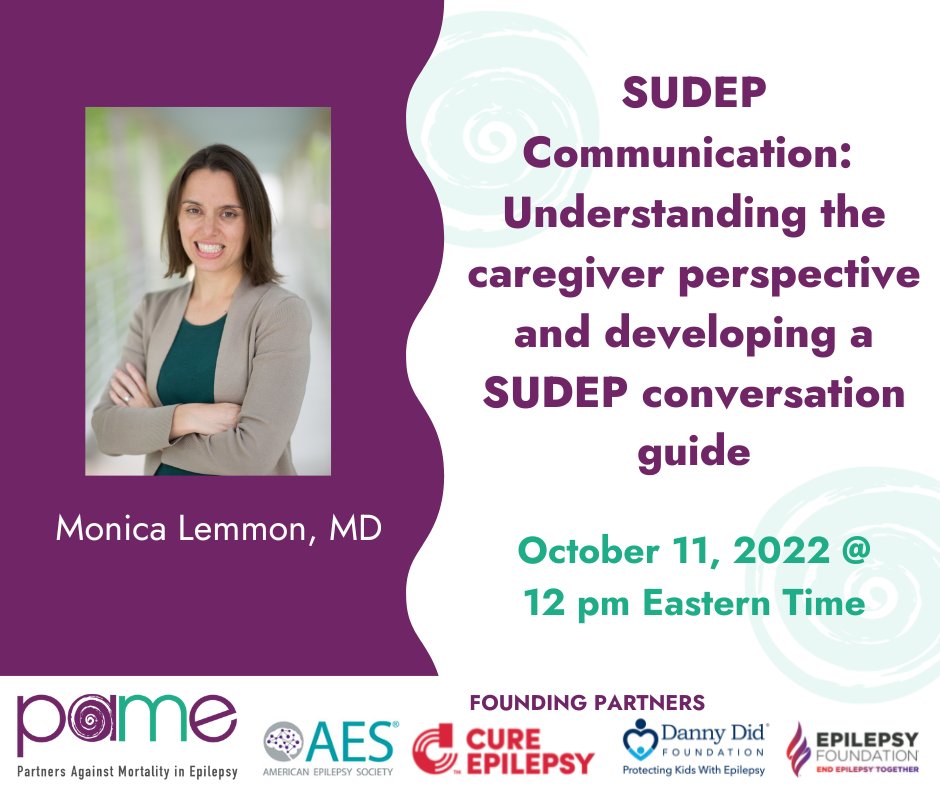 Talking about SUDEP can help reduce the risk of SUDEP. On October 11 our partners PAME and Dr. Monica Lemmon are hosting a webinar to discuss barriers to talking about SUDEP and tips for having the SUDEP conversation: bit.ly/3AfXKgF  
#SUDEPActionDay22