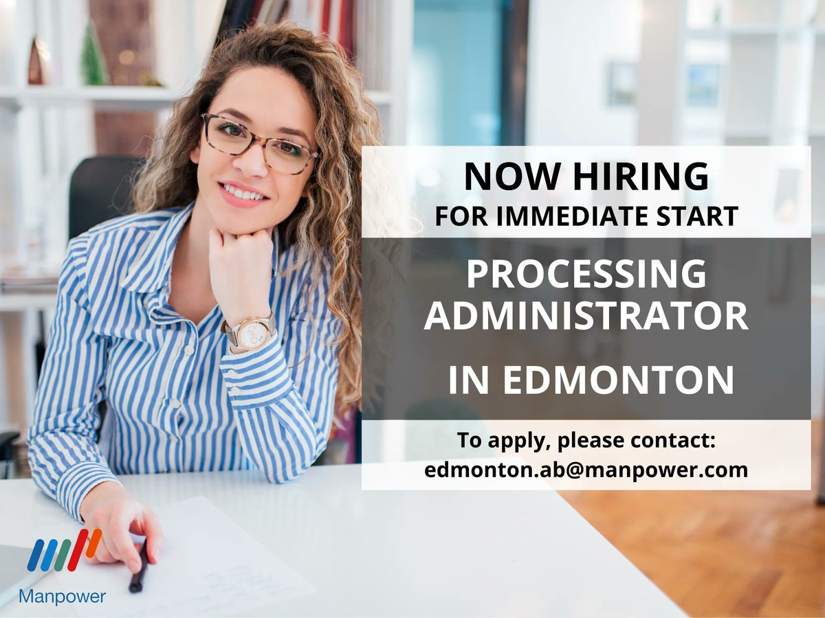 ManpowerAB's tweet photo. #NOWHIRING: #ProcessingAdministrator in #Edmonton, #Alberta
To apply, please forward your resume to edmonton.ab@manpower.com or apply directly at https://t.co/FuKUHetLfk
#manpower #manpowerab #albertajobs #canadajobs #canadajobsearch #canada #hiring #yeg #yegjobs #adminjobs https://t.co/fZkBPbrYMb