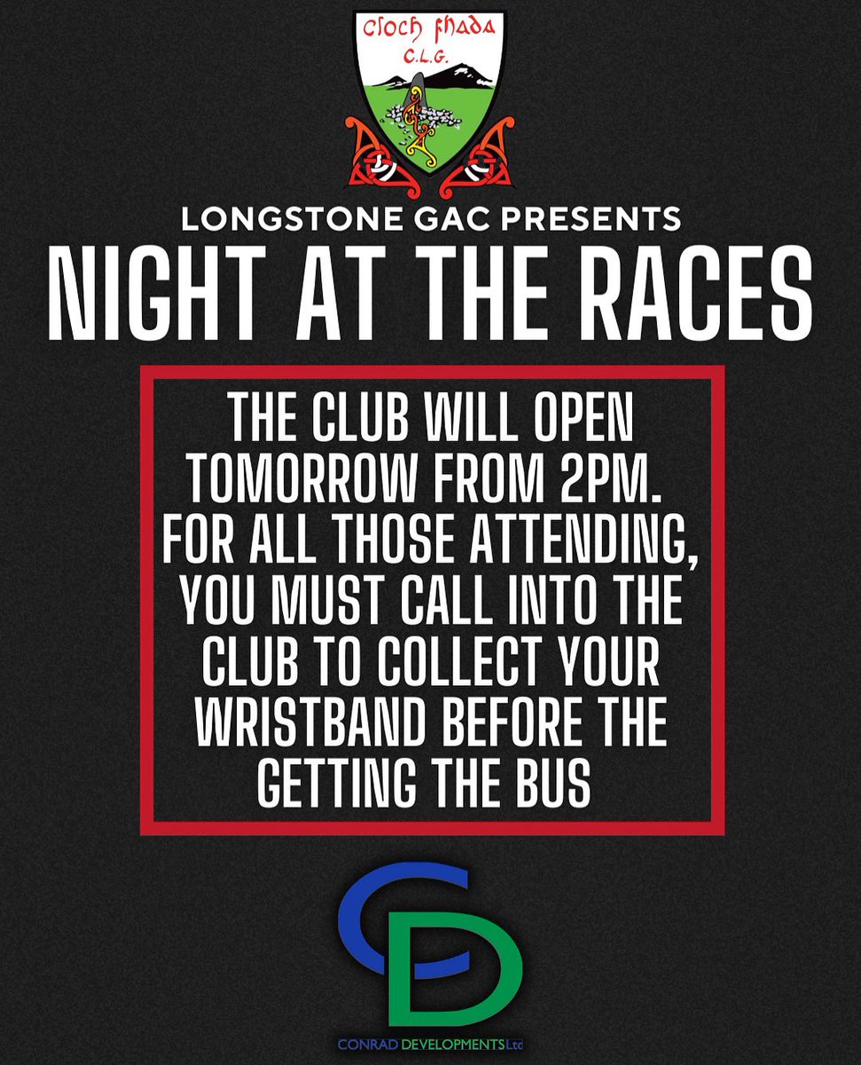 ⚠️1 MORE SLEEP⚠️ 

For all those joining us tomorrow at the Night At The Races you MUST collect your wristband in the club before boarding the buses 🚌 

Club will be open from 2pm tomorrow!

Buses leaving at 3pm &amp; 5pm.