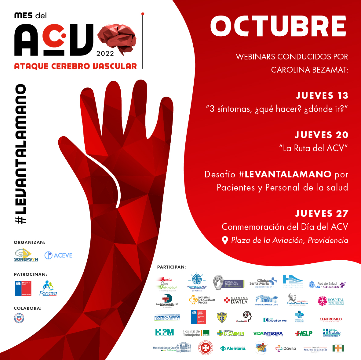 Octubre ¡#MesdelACV! 🧠
Durante todo octubre tendremos diversas actividades informativas y educativas para la prevención, tratamientos y cuidados del #ACV.
🎉 ¡Están todos invitados a sumarse y compartir! 🔁
#LevantaLaMano #SálvatedDelACV #ActúaConVelocidad