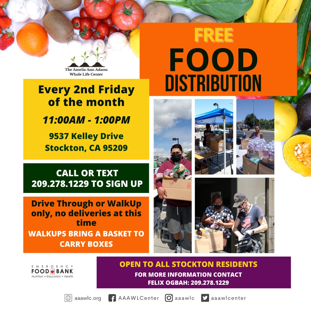 Did you know we have Free Food Distribution in partnership with <a href="/EFBFS/">Emergency Food Bank</a> every 2nd Friday of the month?  Join us next month from 11a-1p at 9537 Kelley Drive in Stockton! Please call or text 209.278.1229 to sign up. #AAAWLC #community #stockton #resources #foodgiveaway