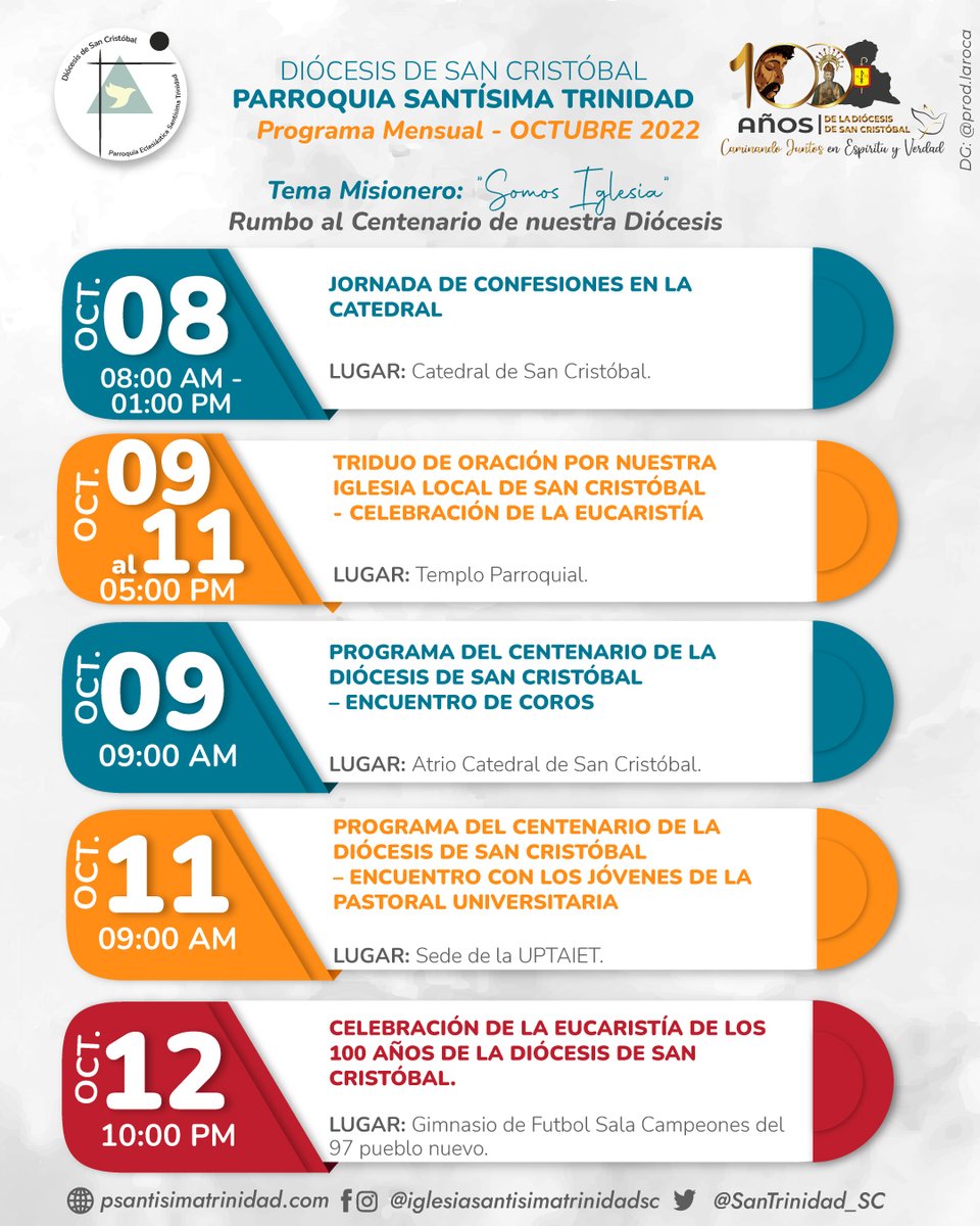 SanTrinidad_SC's tweet photo. 📅 #Ctubre, Mes de la Celebración del Centenario de nuestra Diócesis. 🔥
•
✅ Conoce la Programación de las diversas actividades pastorales de este mes en nuestra parroquia @iglesiasantisimatrinidadsc 🙌
•
🙌 Te Esperamos! 💜 https://t.co/r5OZhEl5Q3