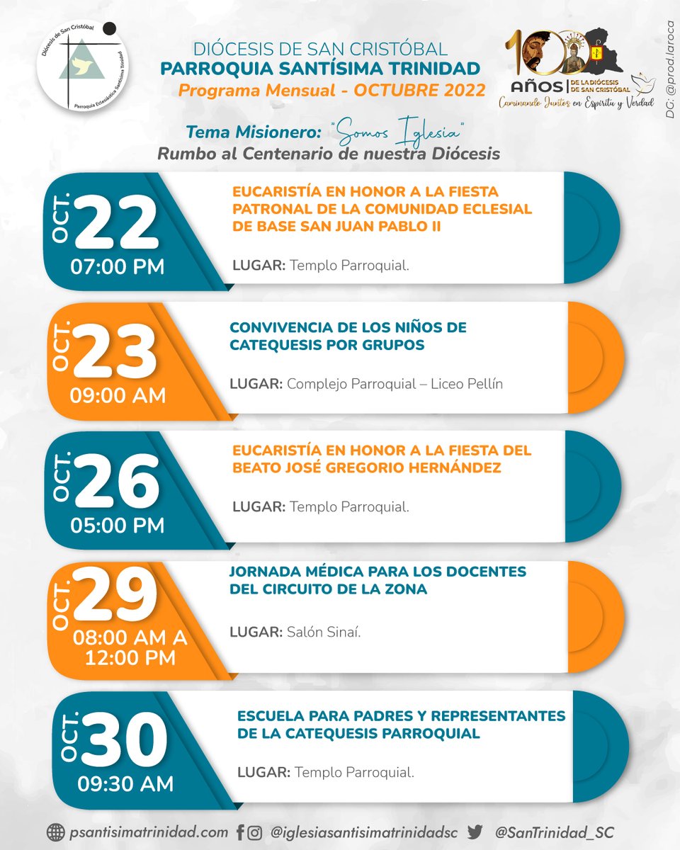 SanTrinidad_SC's tweet photo. 📅 #Ctubre, Mes de la Celebración del Centenario de nuestra Diócesis. 🔥
•
✅ Conoce la Programación de las diversas actividades pastorales de este mes en nuestra parroquia @iglesiasantisimatrinidadsc 🙌
•
🙌 Te Esperamos! 💜 https://t.co/r5OZhEl5Q3
