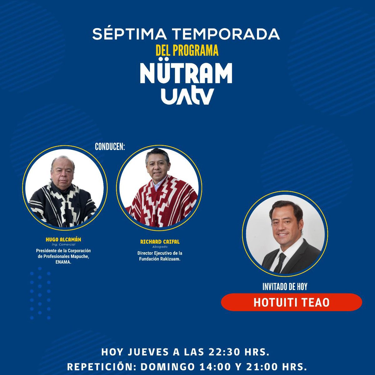 Los invitamos a sintonizar @uautonomatv para ver NÜTRAM, conducido por nuestro director ejecutivo, Richard Caifal y el Presidente de <a href="/CorpEnama/">Corporación Enama</a>, Hugo Alcamán. Hoy invitado <a href="/hotuititeao/">Hotuiti Teao Drago</a>. 👌🏽💪🏽