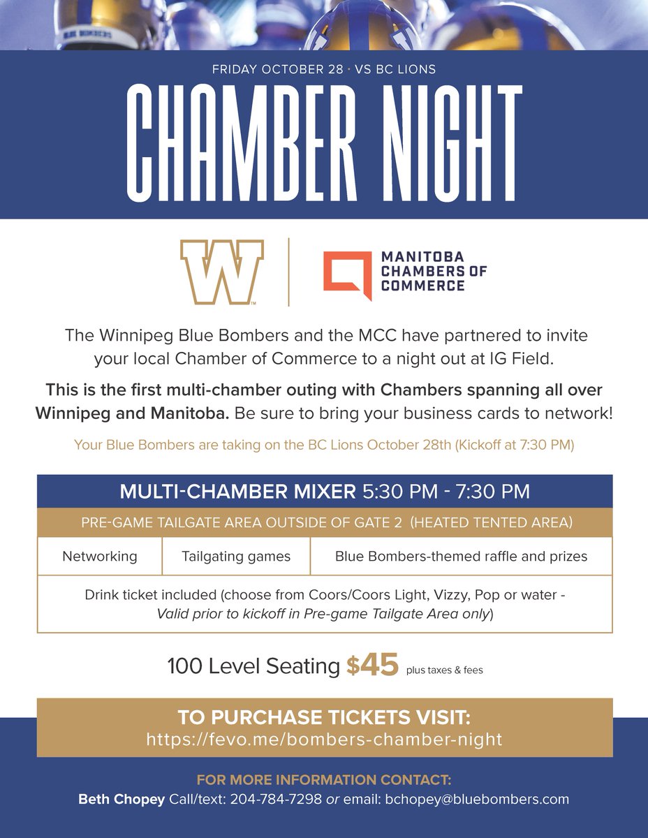 mbchambersofcom's tweet photo. October 28 is Chamber Night at IG Field - and we're pumped to be a part of it. Let's see how many Chamber folks we can gather for a tailgate event and a rockin' night of football for the final @Wpg_BlueBombers game of the season.#ForTheW https://t.co/PPh4is2d09 https://t.co/lZwoTMjWfk