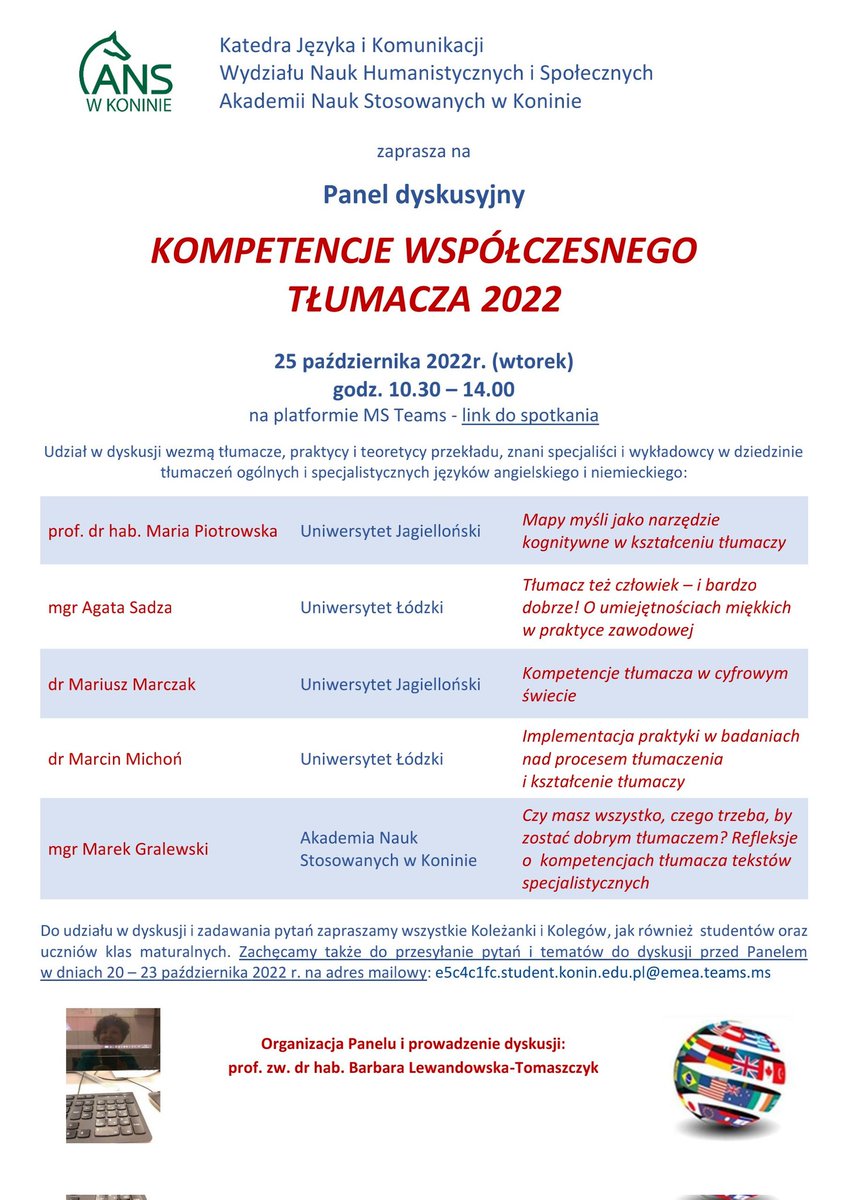 BltBarbara's tweet photo. Panel Dyskusyjny Kompetencje Współczesnego Tłumacza 2022, online 25 października 2022 godz. 10:30 - 13:30, Akademia Nauk Stosowanych w Koninie. Link w plakacie w załączniku https://t.co/UDJyJirsHw