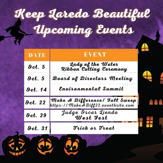 BeautifulLaredo's tweet image. Join us in these upcoming Events 💚🌳 🎃 
#keeplaredobeautiful #communityengagement #fallsweep