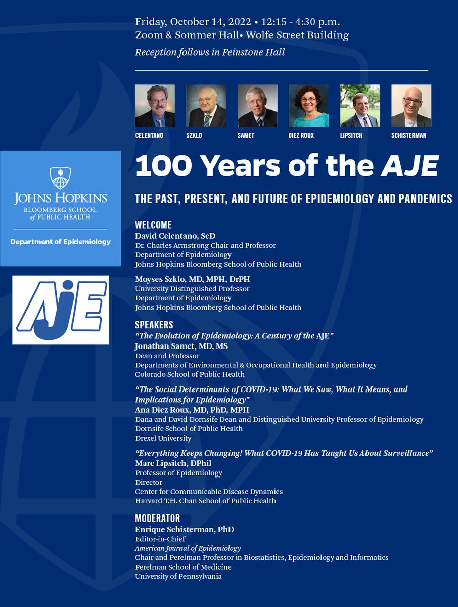 We are excited to celebrate 100 years of the @AmJEpi with a special symposium next Friday, October 14! This will be a hybrid event. Email seltze1@jhu.edu for Zoom info.