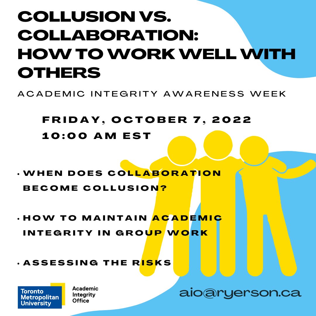TMU_AIO's tweet photo. Alright, #TMU - tomorrow's session is the last one for Academic Integrity Awareness Week!  Are you a student worried about how to work with others?  What are the grey areas?  What are the expectations? 
Register today: https://t.co/gfP5WFGsFL 
#AIAW2022 #AcademicIntegrity https://t.co/fRVacR0rFM