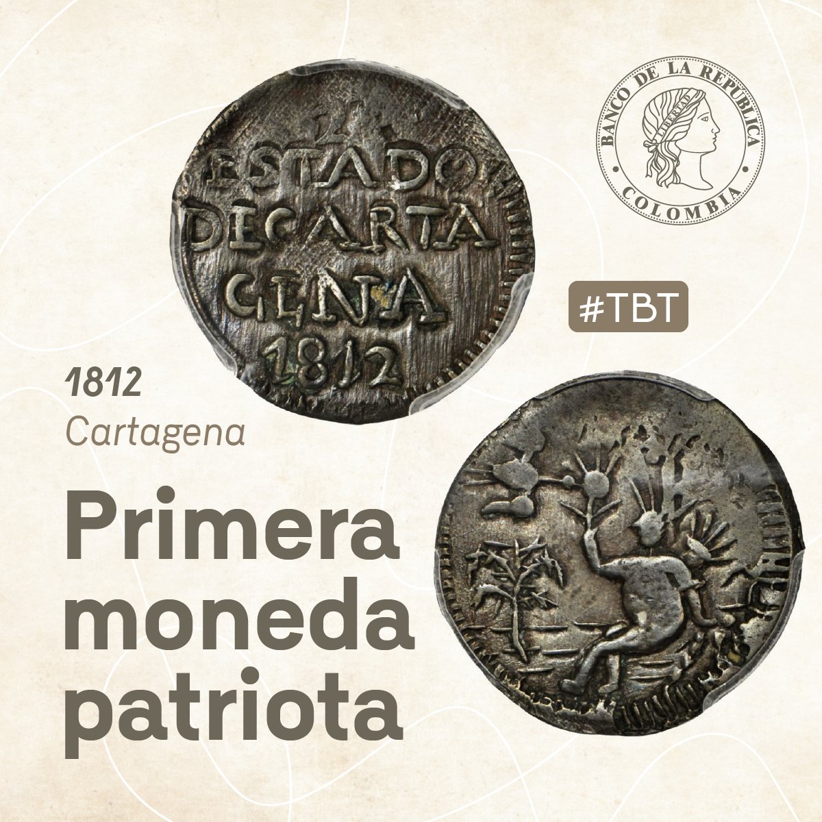 BancoRepublica's tweet photo. #TBT a 1812 cuando se conoció la primera moneda patriota, luego de la independencia absoluta de #España  (Nov 1811). 
En esta pieza se cambió, por primera vez, la imagen del rey y los escudos de armas por la efigie de una indígena.

La historia completa 👉 https://t.co/ioqb9OUbAC https://t.co/ea5qBXHh98