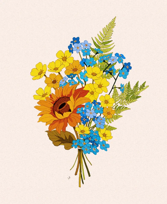 golden flowers from undertale, sunflower, fern, and forget me nots commish 